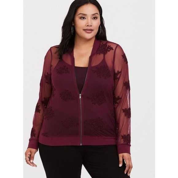 Torrid Deep Red Full Zip Long Sleeve Mesh Floral Bomber Sheer Jacket Size 3X - Picture 8 of 8